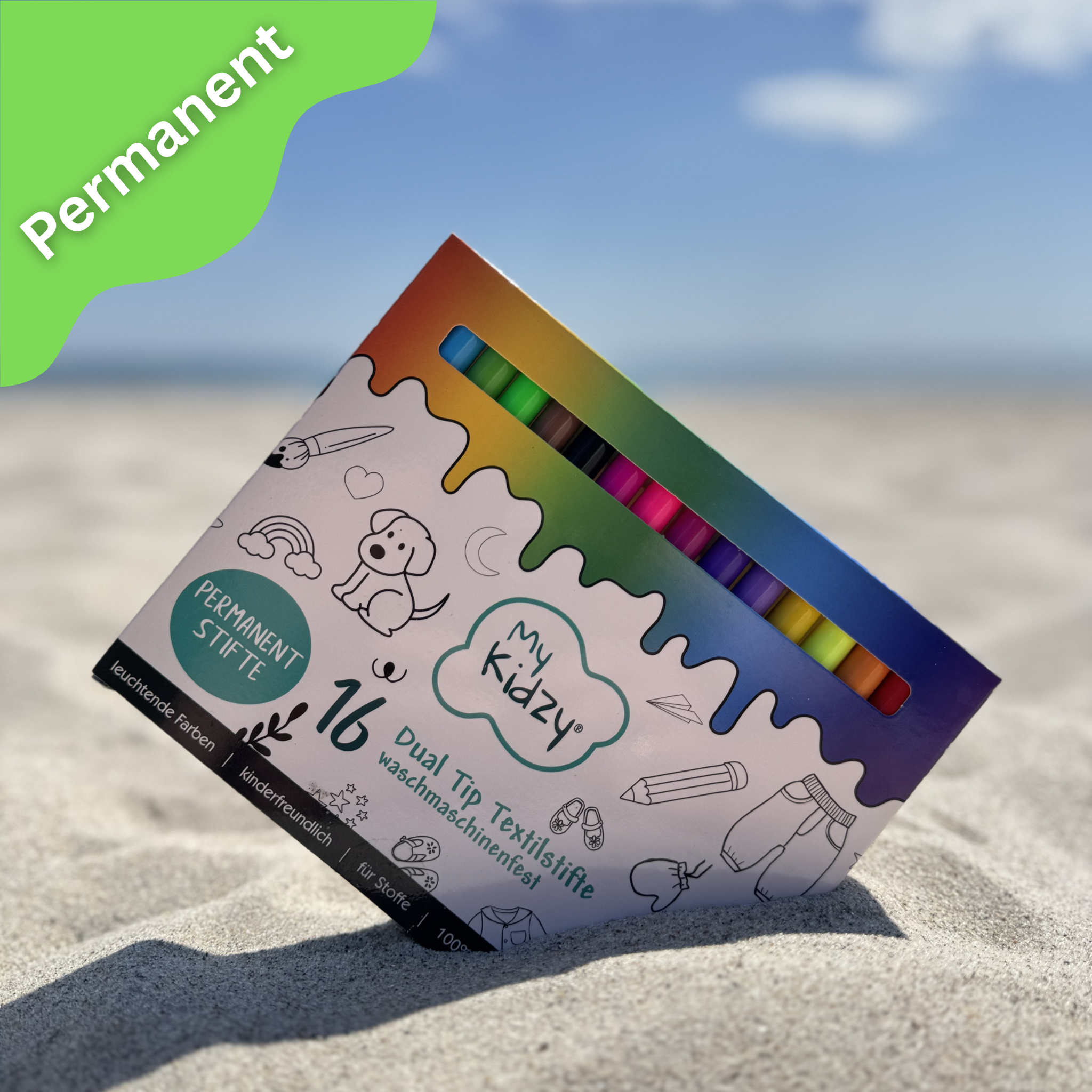 MyKidzy Textilstifte Dual Tip PERMANENT – 16er Set | kindersicher | Ideal zum Ausmalen unserer Pyjamas