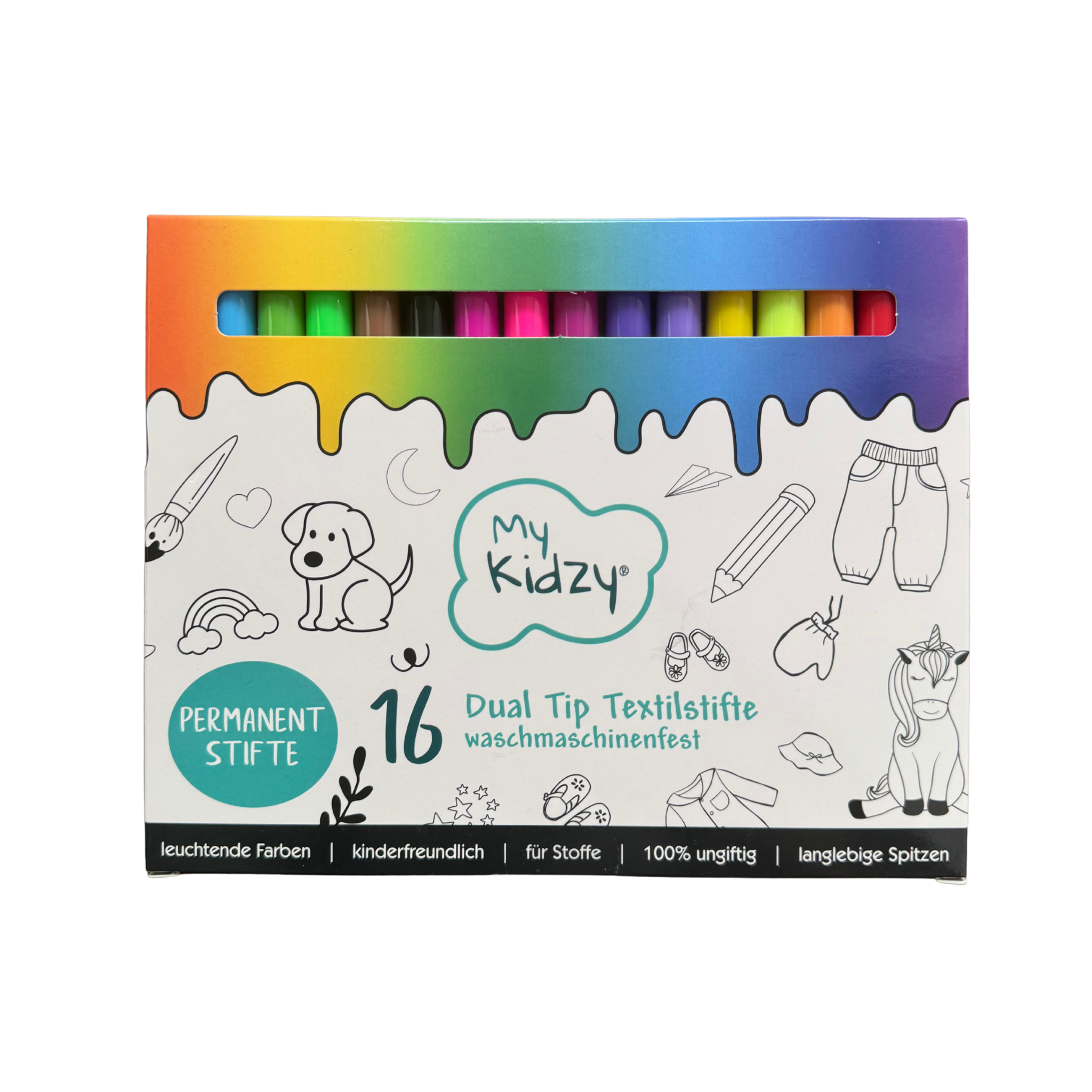 MyKidzy Textilstifte Dual Tip – 16er Set, permanent & kindersicher | Ideal zum Ausmalen unserer Pyjamas