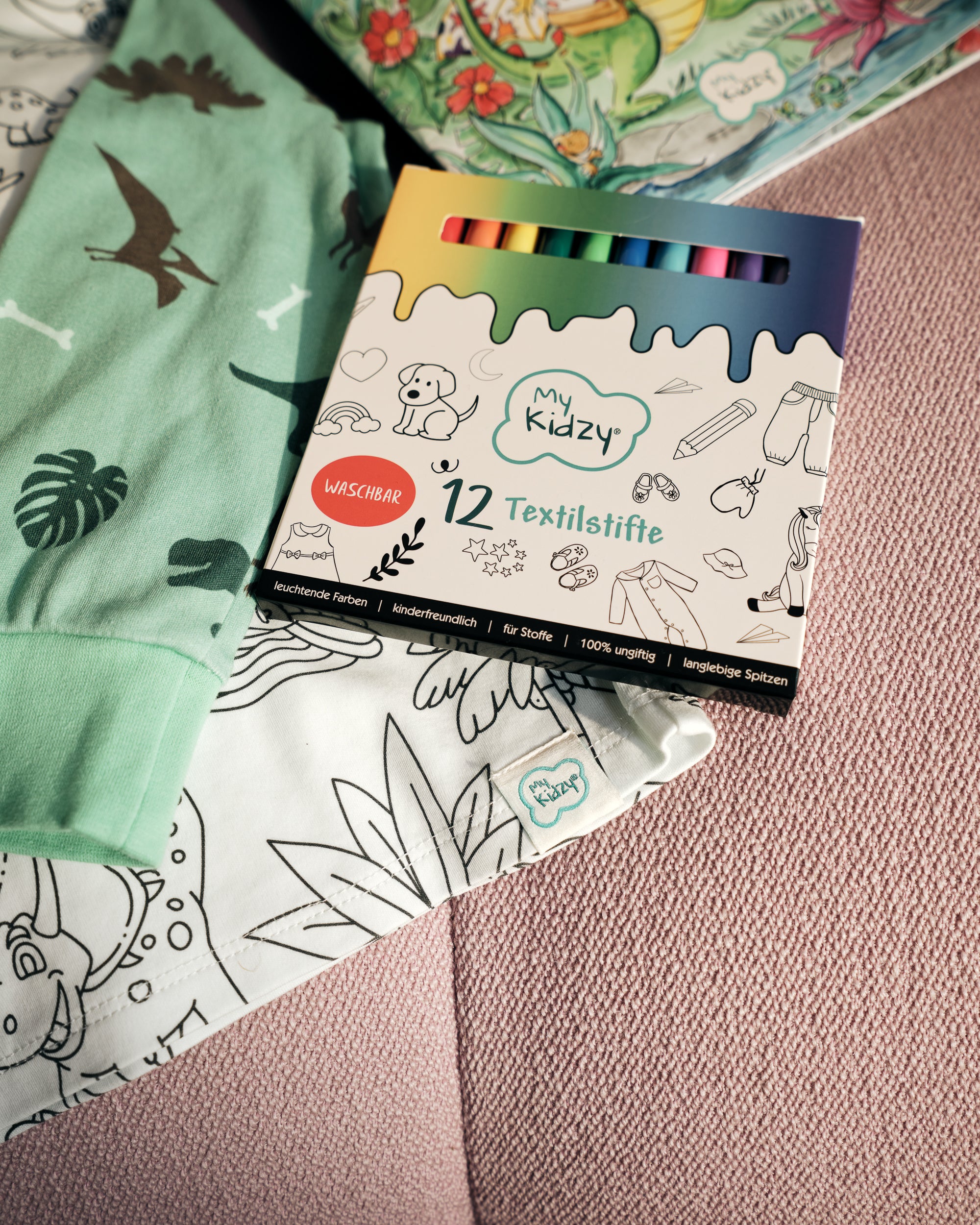 MyKidzy Textilstifte Dual Tip – 12er Set, waschbar & kindersicher | Ideal zum Ausmalen unserer Pyjamas