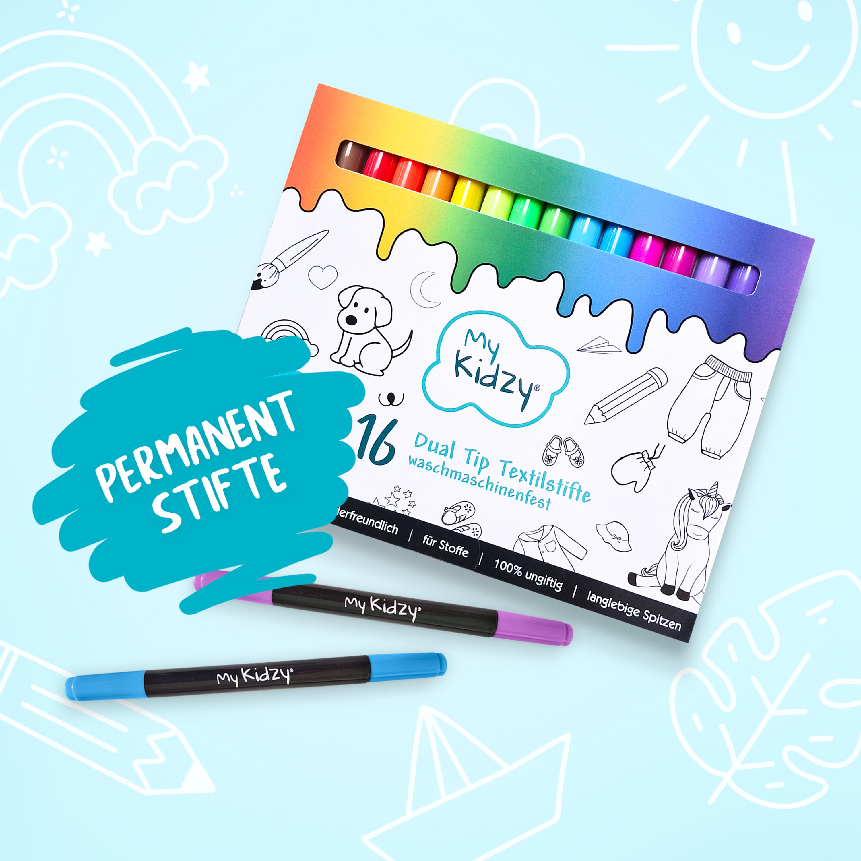 MyKidzy Textilstifte Dual Tip PERMANENT – 16er Set | kindersicher | Ideal zum Ausmalen unserer Pyjamas