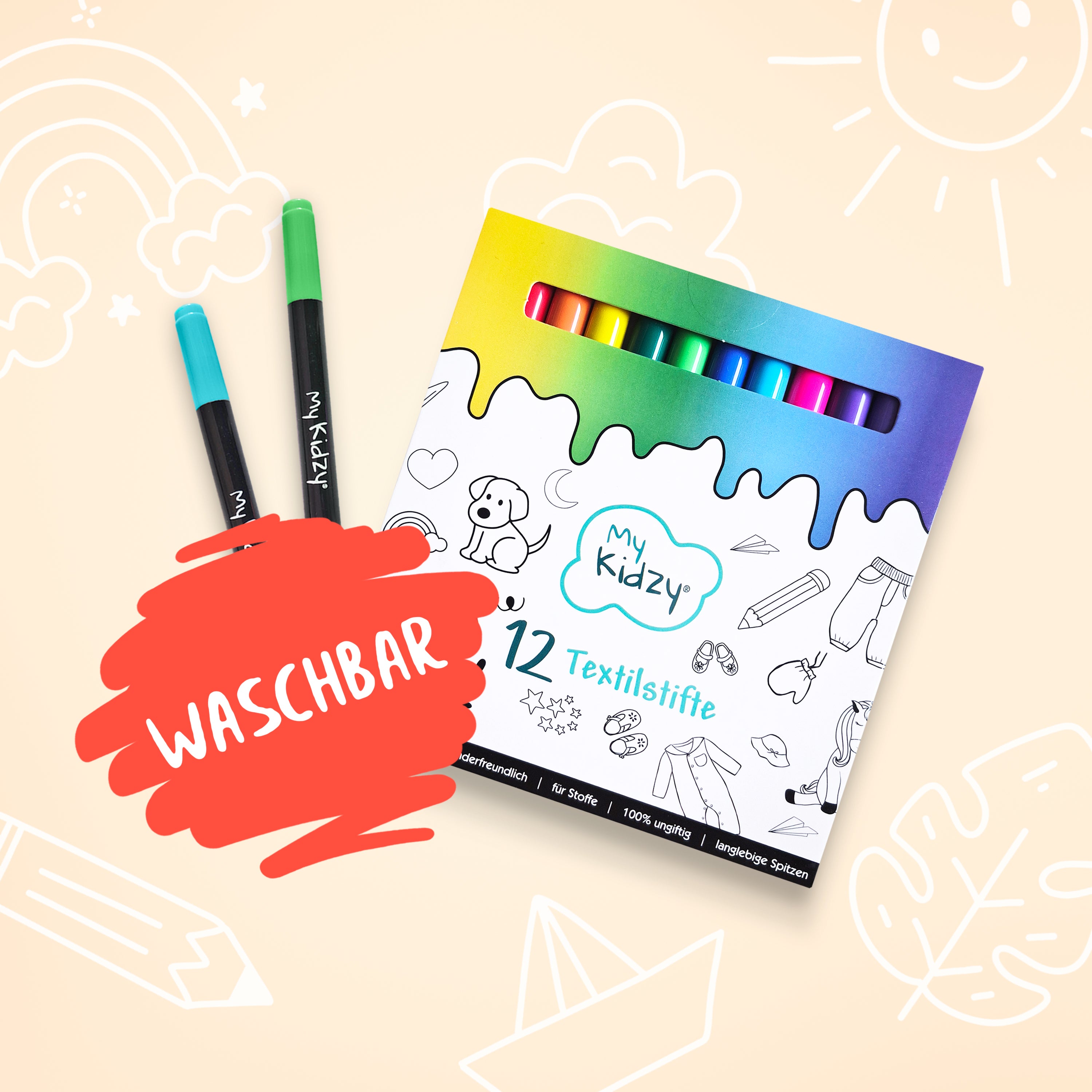MyKidzy Textilstifte Dual Tip WASCHBAR – 12er Set | kindersicher | Ideal zum Ausmalen unserer Pyjamas